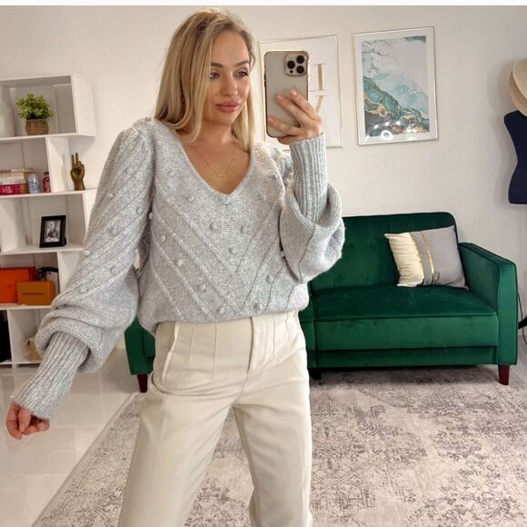 White House Black Market gray pom pom Sweater wool blend